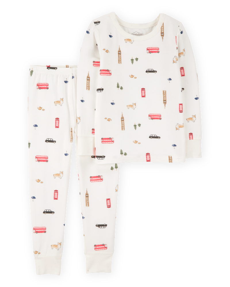 Toddler London Print PurelySoft 2-Piece Pajamas - Ivory, image 1 of 5 slides
