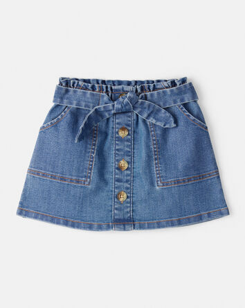 Toddler Girl Button Denim Skirt with Tie Waistband - Blue, 