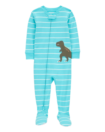 Baby Boy 1-Piece Striped Dinosaur Print 100% Snug Fit Cotton Footie Pajamas - Turquoise, 