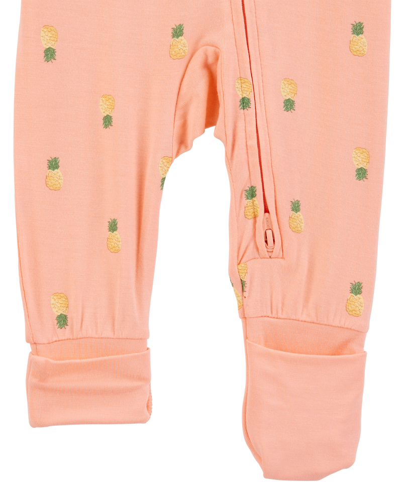 Baby Girl Pineapple Print 2-Way Zip PurelySoft Convertible Foot Sleep & Play Pajamas - Coral, image 2 of 7 slides