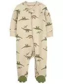 Khaki - Baby 2-Way Zip Dinosaur Cotton Sleep & Play Pajamas