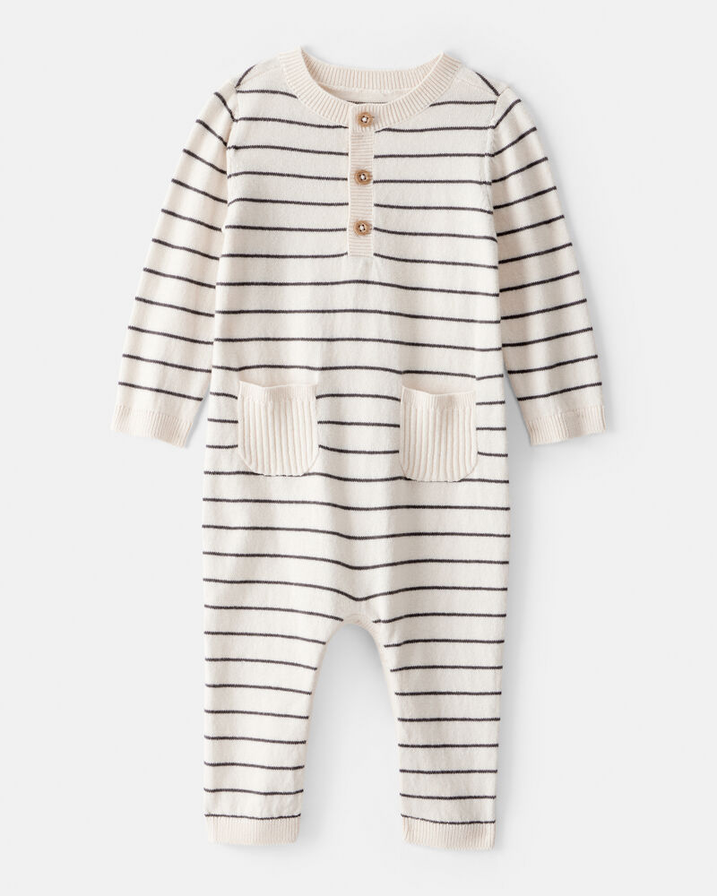 Baby Boy Striped Cotton Long-Sleeve Jumpsuit - White, image 1 of 4 slides