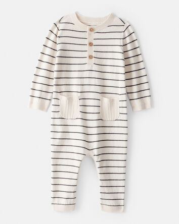 Baby Boy Striped Cotton Long-Sleeve Jumpsuit - White, 