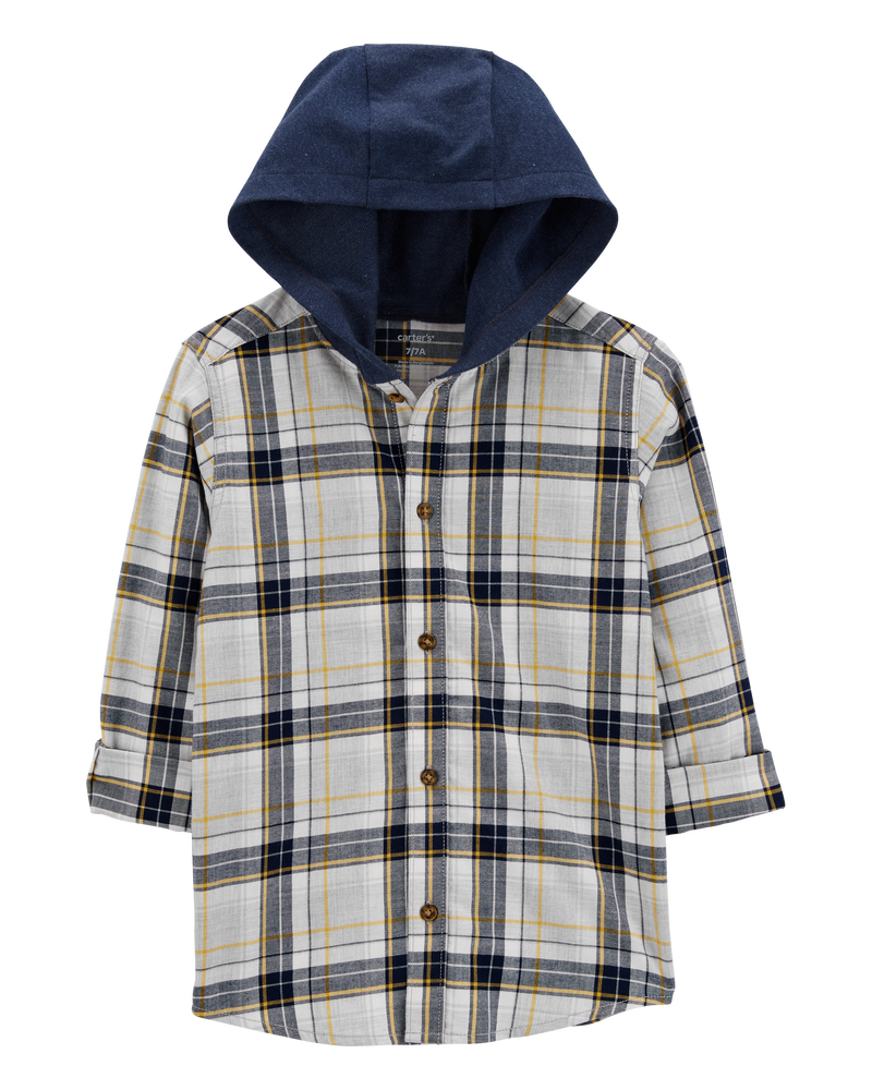 Kid Plaid Hooded Button-Down Shirt, image 1 of 4 slides