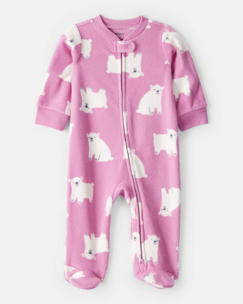 Baby Girl Polar Bear Print Loose Fit Long-Sleeve Sleep & Play Pajamas - Pink, image 1 of 4 slides