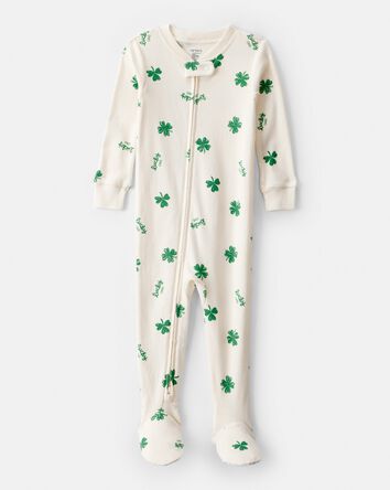 Baby St. Patrick's Day 100% Cotton Loose Fit 2-Way Zip Footie 1-Piece Pajamas - Ivory, 
