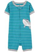 Blue - Toddler 1-Piece Striped Whale 100% Snug Fit Cotton Romper Pajamas
