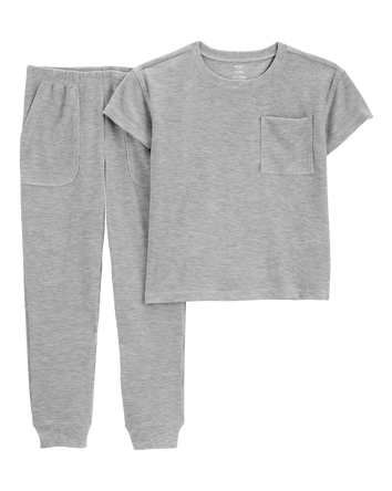 Boys Solid Loose Fit Waffle Knit 2-Piece Pajamas - Grey, 