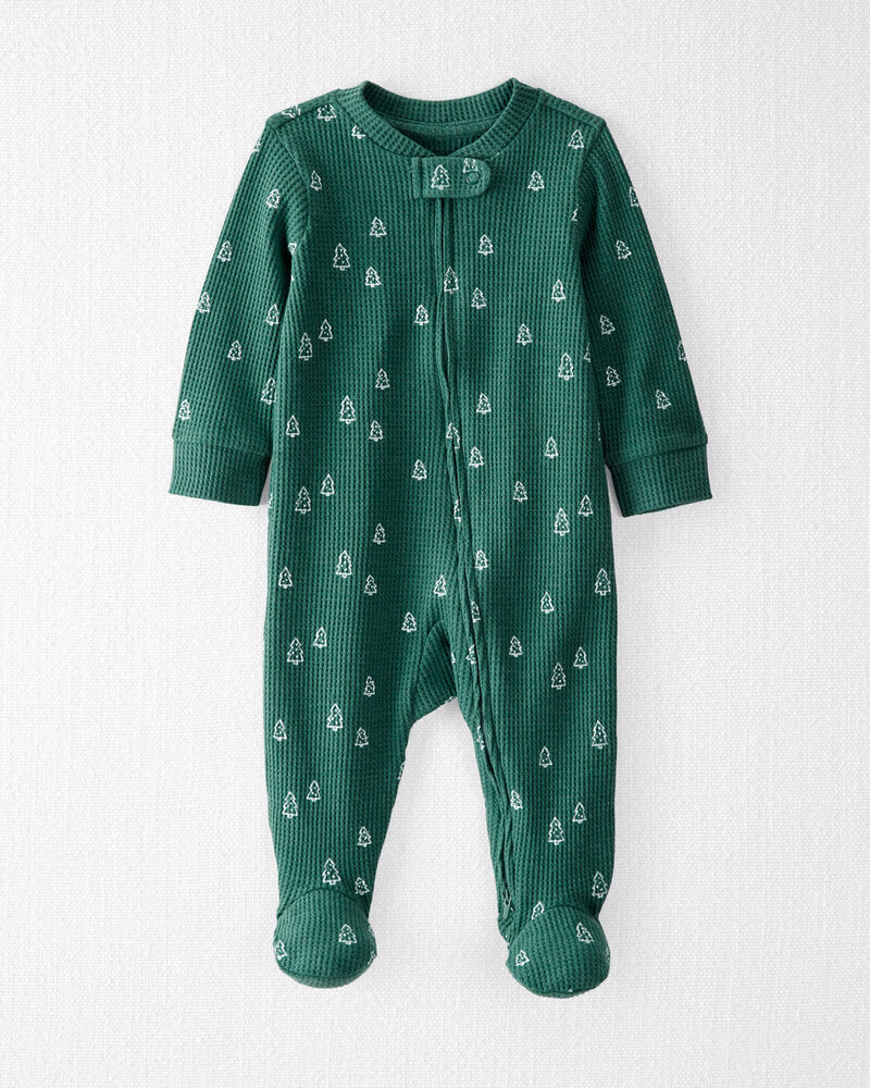Baby Waffle Knit Sleep & Play Pajamas Made with Organic Cotton in Evergreen Trees, image 1 of 4 slides
