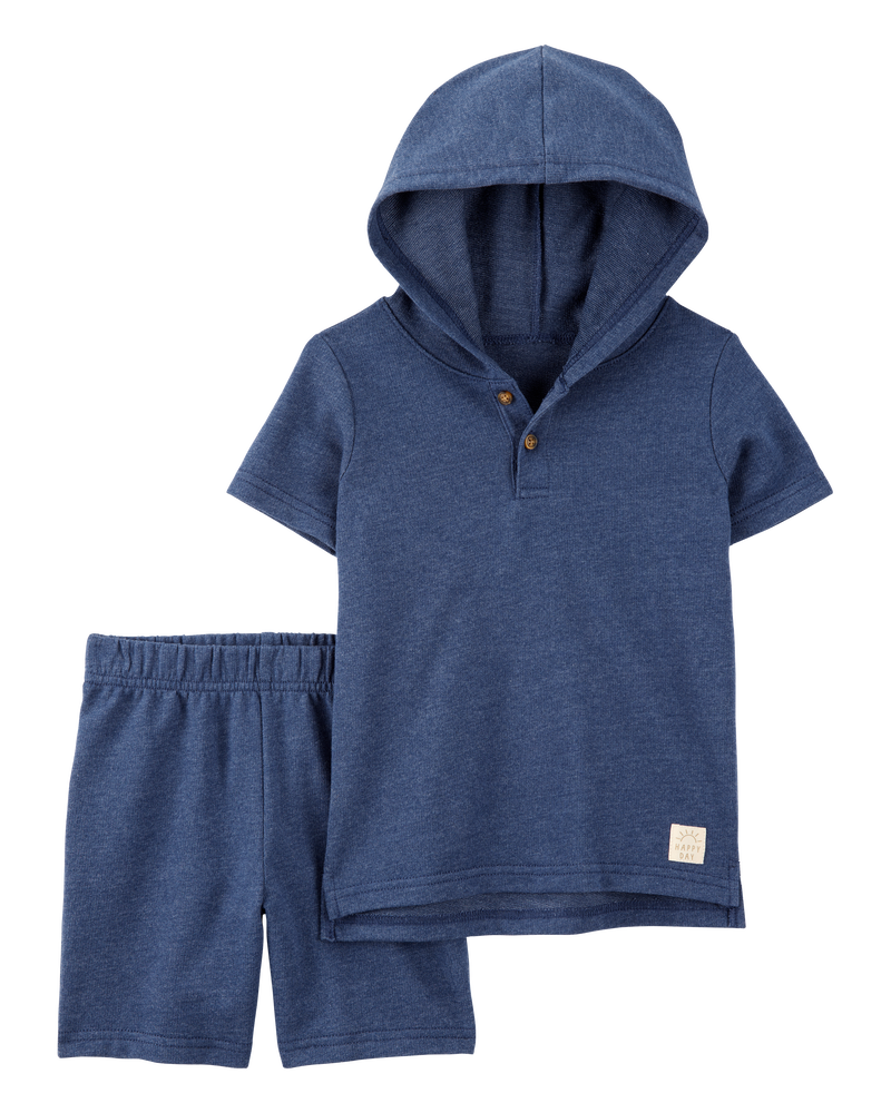Toddler 2-Piece Hooded Henley & Short Set - Navy, image 1 of 3 slides