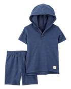 Toddler 2-Piece Hooded Henley & Short Set - Navy, image 1 of 3 slides