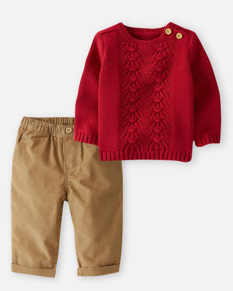 Baby 2-Piece Red Organic Cotton Cable-Knit Sweater & Twill Pants Set, image 1 of 1 slides