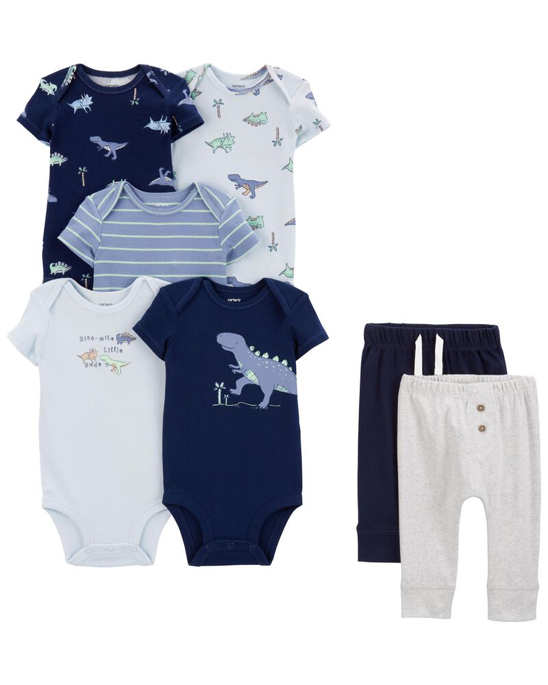Baby 7-Piece Dinosaur  Short-Sleeve Bodysuits & Pull-On Pants Set, image 1 of 10 slides