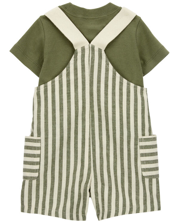 Green Baby 3Piece Tee & Striped Linen Shortall Set