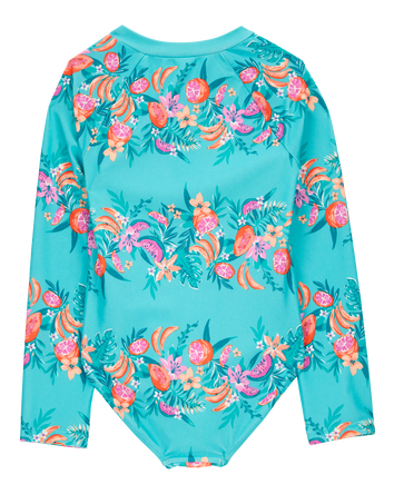 Kid 1-Piece Floral Print Rashguard Swimsuit - Turquoise, 