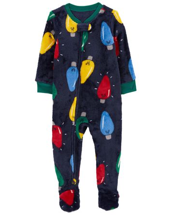 1-Piece Christmas Lights Velboa Footie Pajamas, 