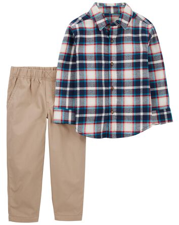 Toddler 2-Piece Plaid Button-Front Shirt & Pant Set, 