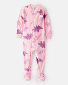 Toddler Girl Dinosaur Loose Fit 2-Way Zip 1-Piece Pajamas - Pink, image 1 of 4 slides