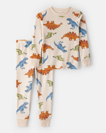 Toddler Boy Dinosaur Print Velour Long-Sleeve Loose Fit 2-Piece Pajamas - Tan, 