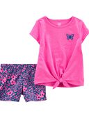 Pink - Baby 2-Piece Butterfly Tie-Front Tee & Short Set