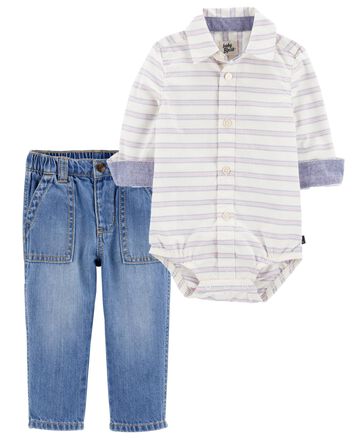 Baby 2-Piece Button-Front Bodysuit & Denim Carpenter Pants Set, 