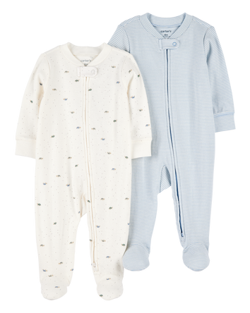 Baby 2-Pack 2-Way Zip Cotton Sleep & Play Pajamas - Blue/White, 