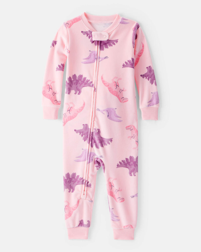 Baby Girl Dinosaur Print Loose Fit Long-Sleeve 2-Way Zip 1-Piece Pajamas - Pink, image 1 of 4 slides