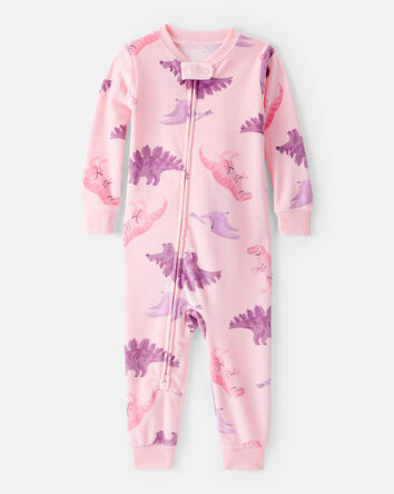 Baby Girl Dinosaur Print Loose Fit Long-Sleeve 2-Way Zip 1-Piece Pajamas - Pink, 