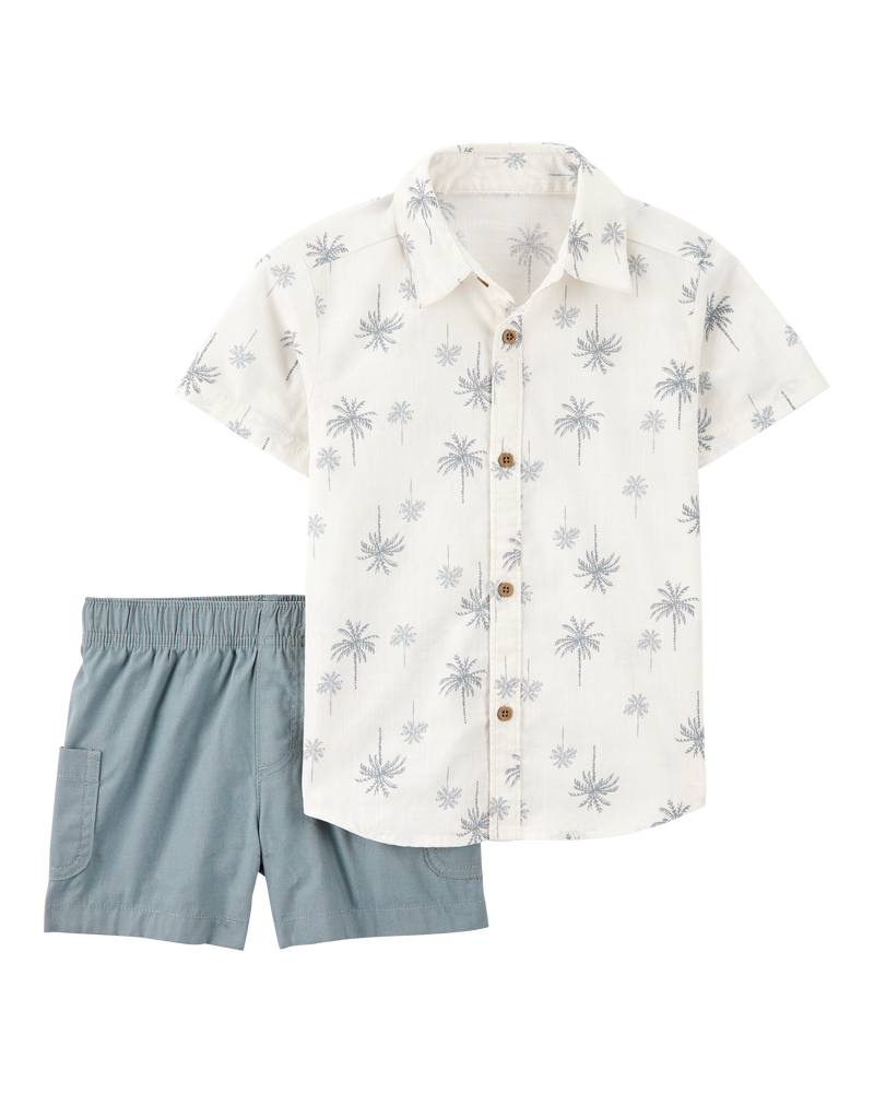 Toddler Boy 2-Piece Palm Tree Print Short Set - Ivory/Blue, image 1 of 4 slides