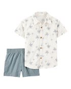 Toddler Boy 2-Piece Palm Tree Print Short Set - Ivory/Blue, image 1 of 4 slides