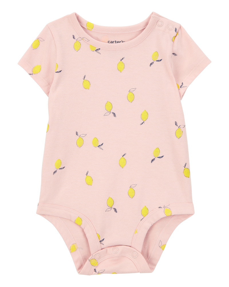 Baby Lemon Print Short-Sleeve Bodysuit - Pink, image 1 of 3 slides