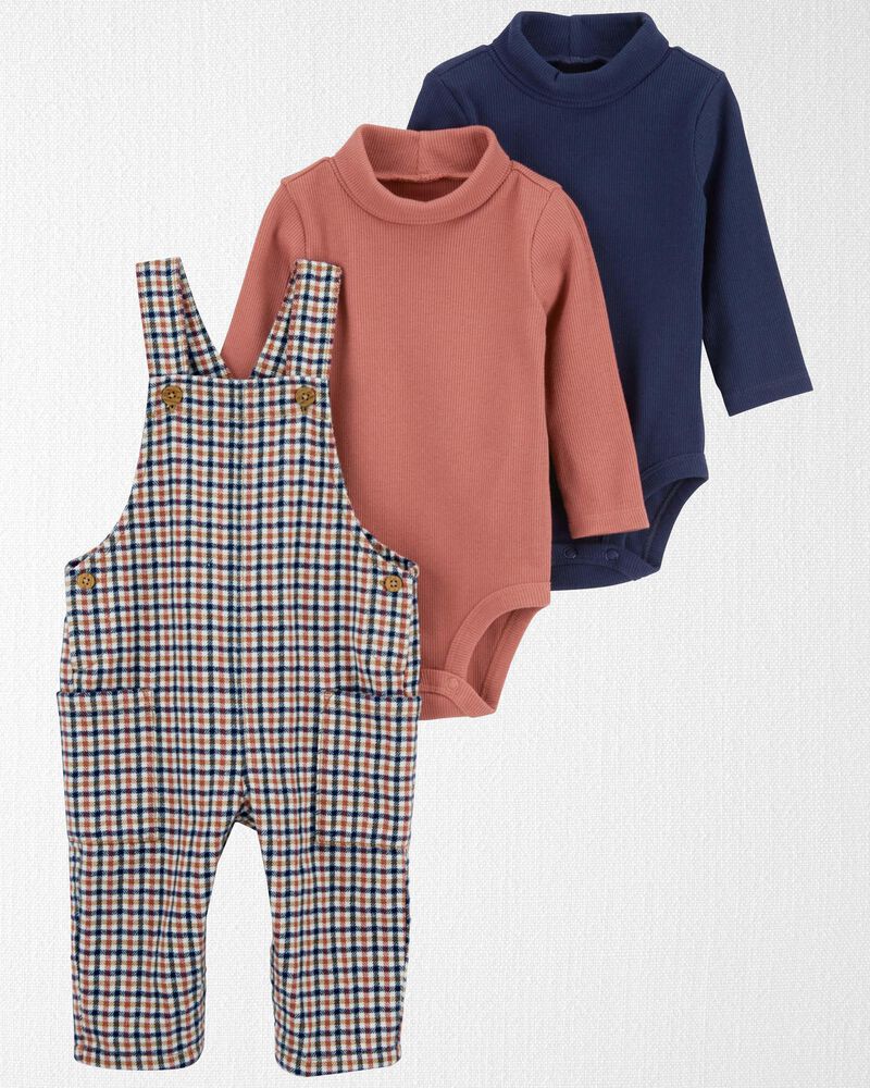 Baby Organic Cotton 2-Pack Mock Neck Rib Bodysuits & Flannel Overalls Set, image 1 of 3 slides