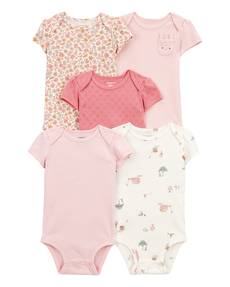 Baby 5-Pack Floral Bunny Short-Sleeve Cotton Bodysuits - Pink, image 1 of 8 slides