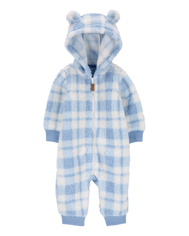 Baby Plaid Hooded Fuzzy Jumpsuit, image 1 of 3 slides
