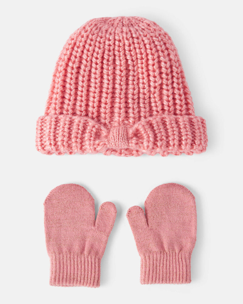 Baby Girl 2-Piece  Shimmer Winter Hat & Mittens - Pink, image 1 of 3 slides