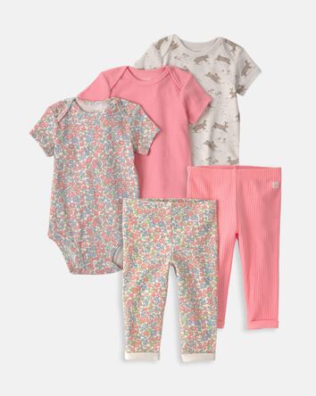 Baby Girl 5-Piece Organic Cotton Bodysuits & Leggings Set, 
