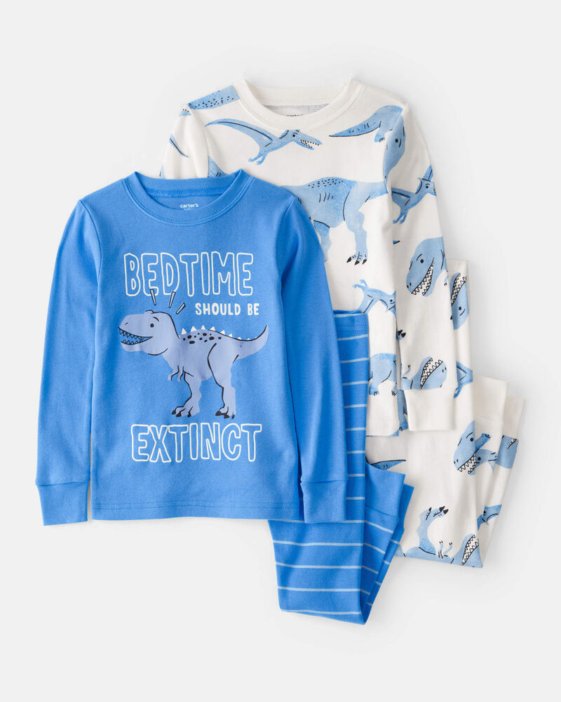 Baby Boy Dinosaur Print 100% Cotton Long-Sleeve 4-Piece Pajamas - White/Blue, image 1 of 4 slides