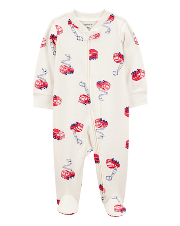 Baby Boy Fire Truck Print 2-Way Zip Cotton Sleep & Play Pajamas - Cream, 