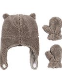 Tan - Baby 2-Pack Sherpa Hat & Mittens Set