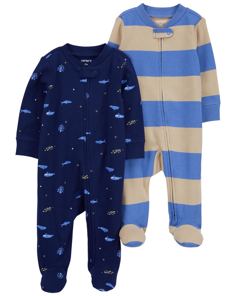 Baby 2-Pack Striped Zip-Up Cotton Sleep & Play Pajamas, image 1 of 5 slides