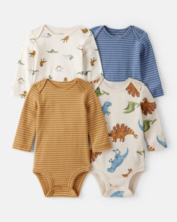 Baby Boy 4-Pack Dinosaur Print Cotton Long-Sleeve Multipack Bodysuits, 
