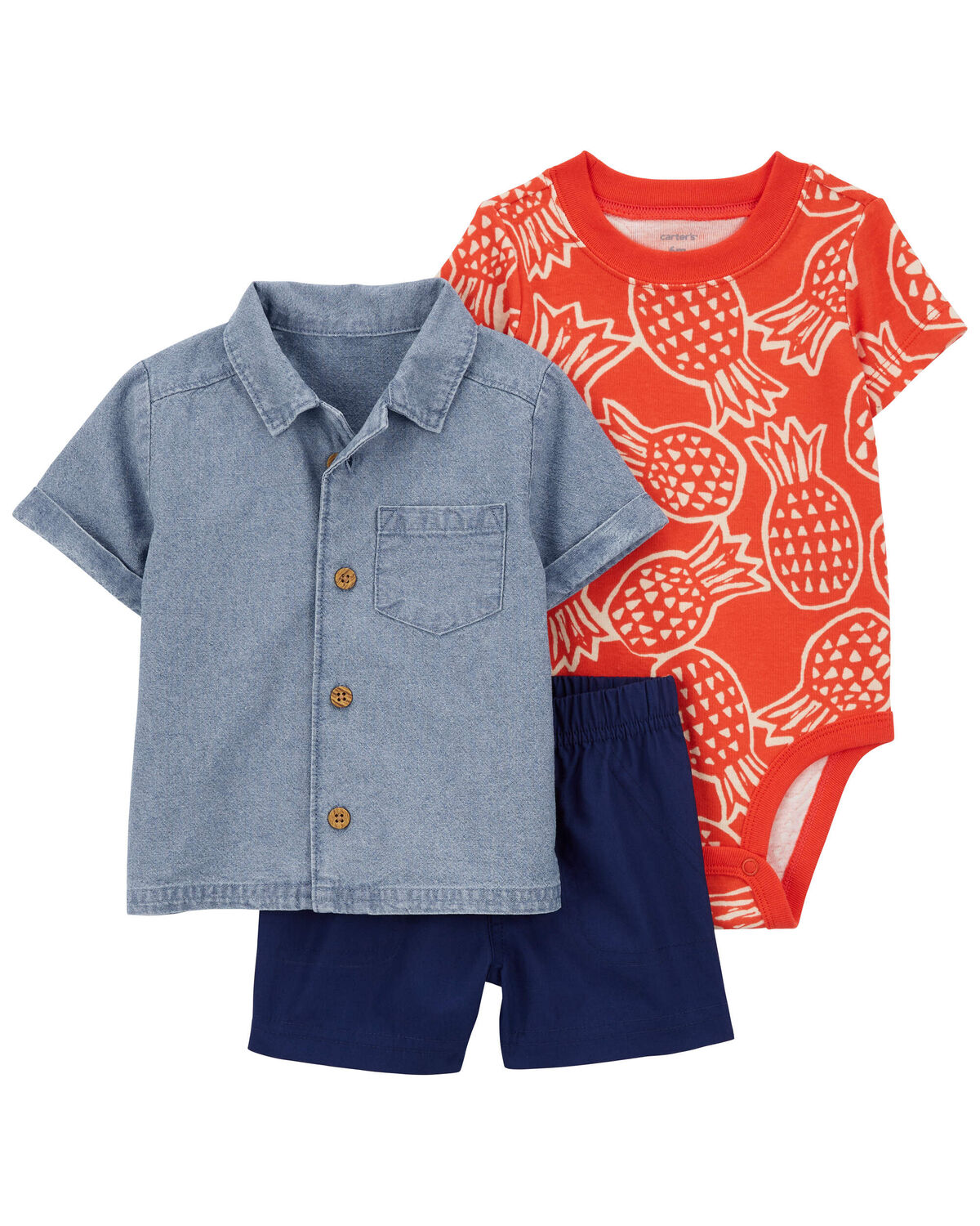 Red/Chambray Baby 3Piece Pineapple Little Short Set
