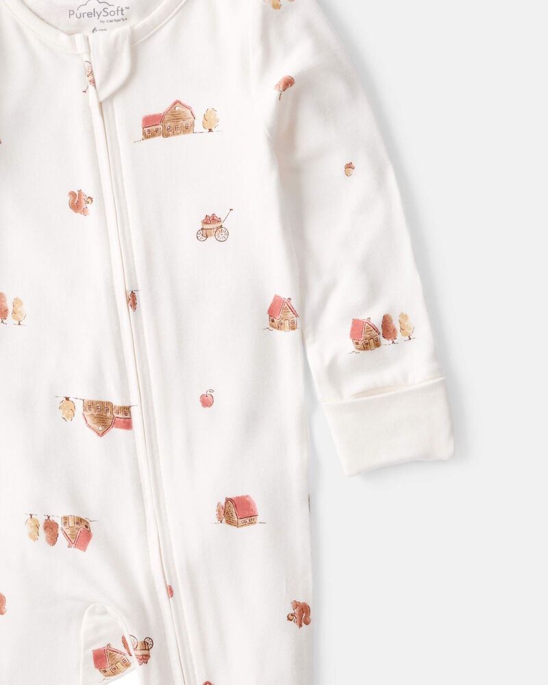 Baby Fall Print PurelySoft Long-Sleeve 2-Way Zip Sleep & Play Pajamas - White, image 2 of 8 slides