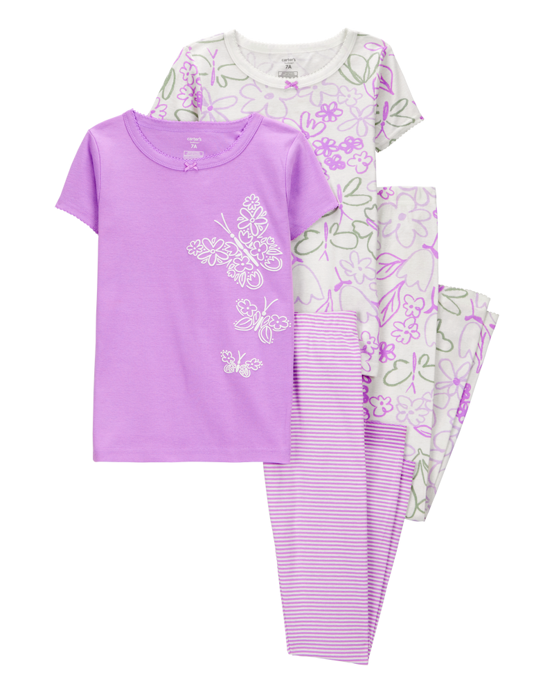 Kid 4-Piece Floral Butterfly Cotton Pajamas, image 1 of 7 slides