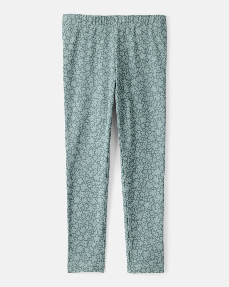 Girls Floral Cotton Pull-On Stretch Leggings - Green, image 2 of 4 slides