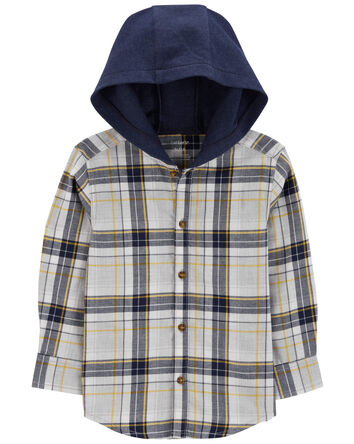 Baby Plaid Hooded Button-Down Shirt, 