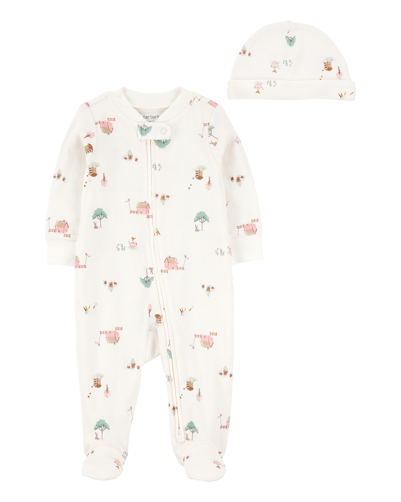 Baby 2-Piece Barn Print 2-Way Zip Sleep & Play & Headwrap Set - Ivory, image 1 of 3 slides