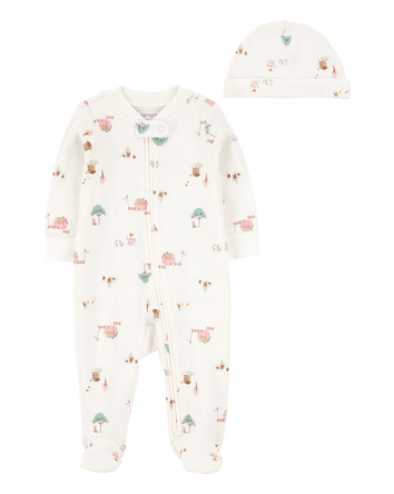 Baby 2-Piece Barn Print 2-Way Zip Sleep & Play & Headwrap Set - Ivory, 