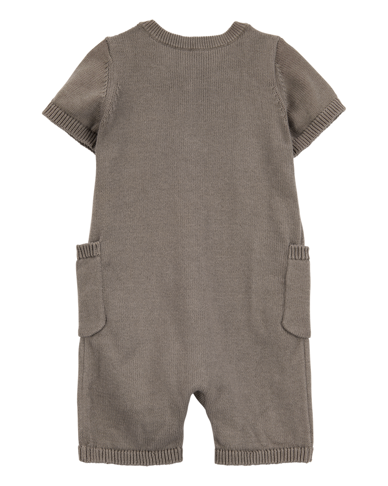 Baby Button-Down Cotton Romper -Brown, image 2 of 4 slides