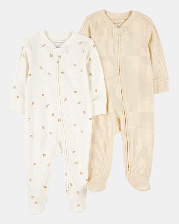 Baby 2-Pack 2-Way Zip Cotton Sleep & Play Pajamas - White/Beige, 